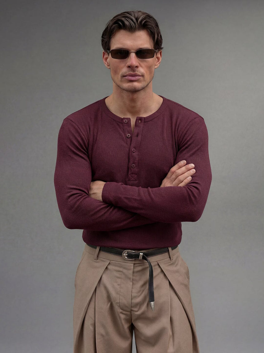 Maroon Ribbed Henley Longsleeves Tshirt T-Shirts Fugazee