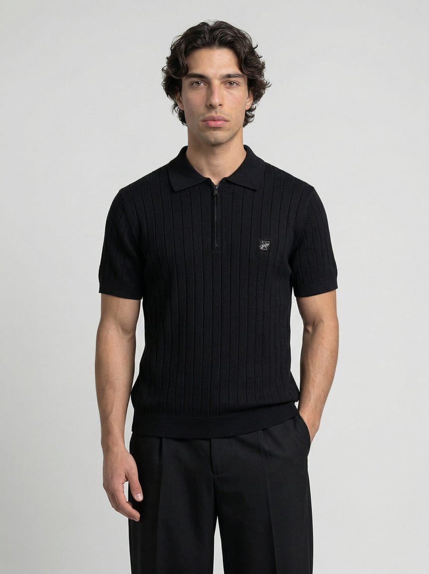 Black Old Money Knitted Slim Polo Tshirt T-Shirts Fugazee