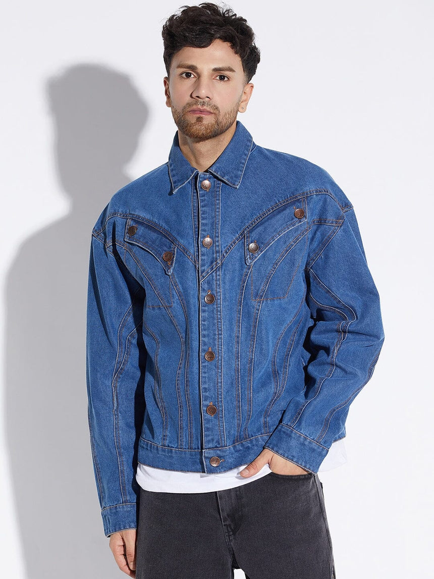 Mid Wash Wavy Panelled Oversized Denim Jacket Jackets Fugazee