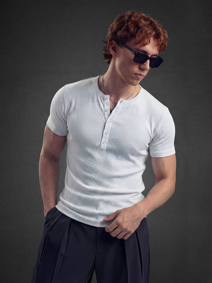 White Ribbed Henley Short Sleeves Tshirt T-Shirts Fugazee