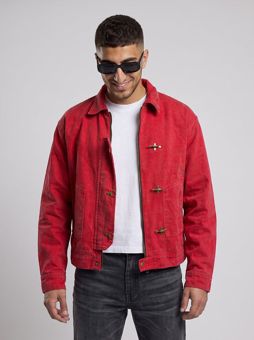 Red Washed Denim Fireman Clasp Jacket Jackets Fugazee