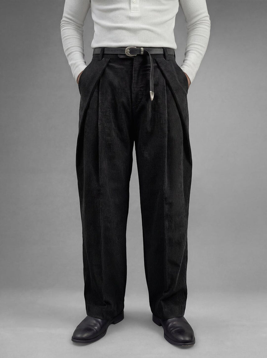 Black Corduroy Pleated Trousers