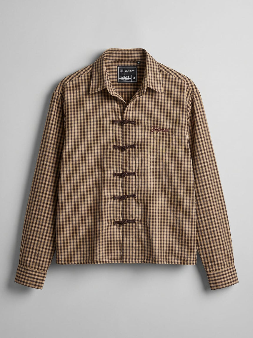 Mustard Checkered Frog Buttoned Cropped Shirt Shirts Fugazee