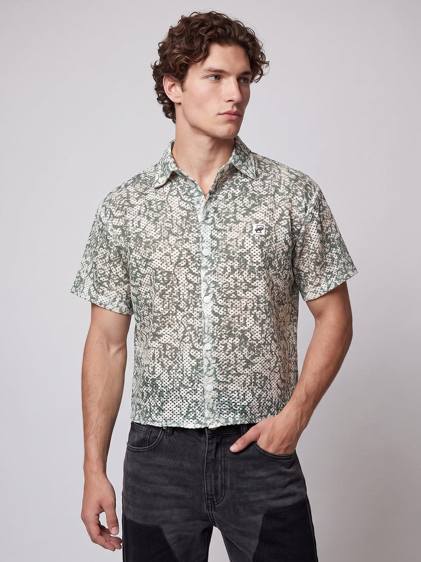 Green Floral Mesh Cropped Shirt Shirts Fugazee