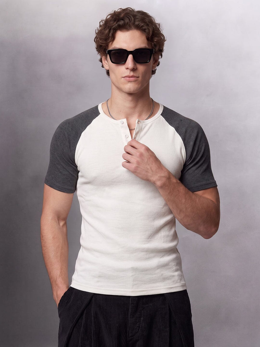 Ecru and Charcoal Raglan Ribbed Henley Tshirt T-Shirts Fugazee