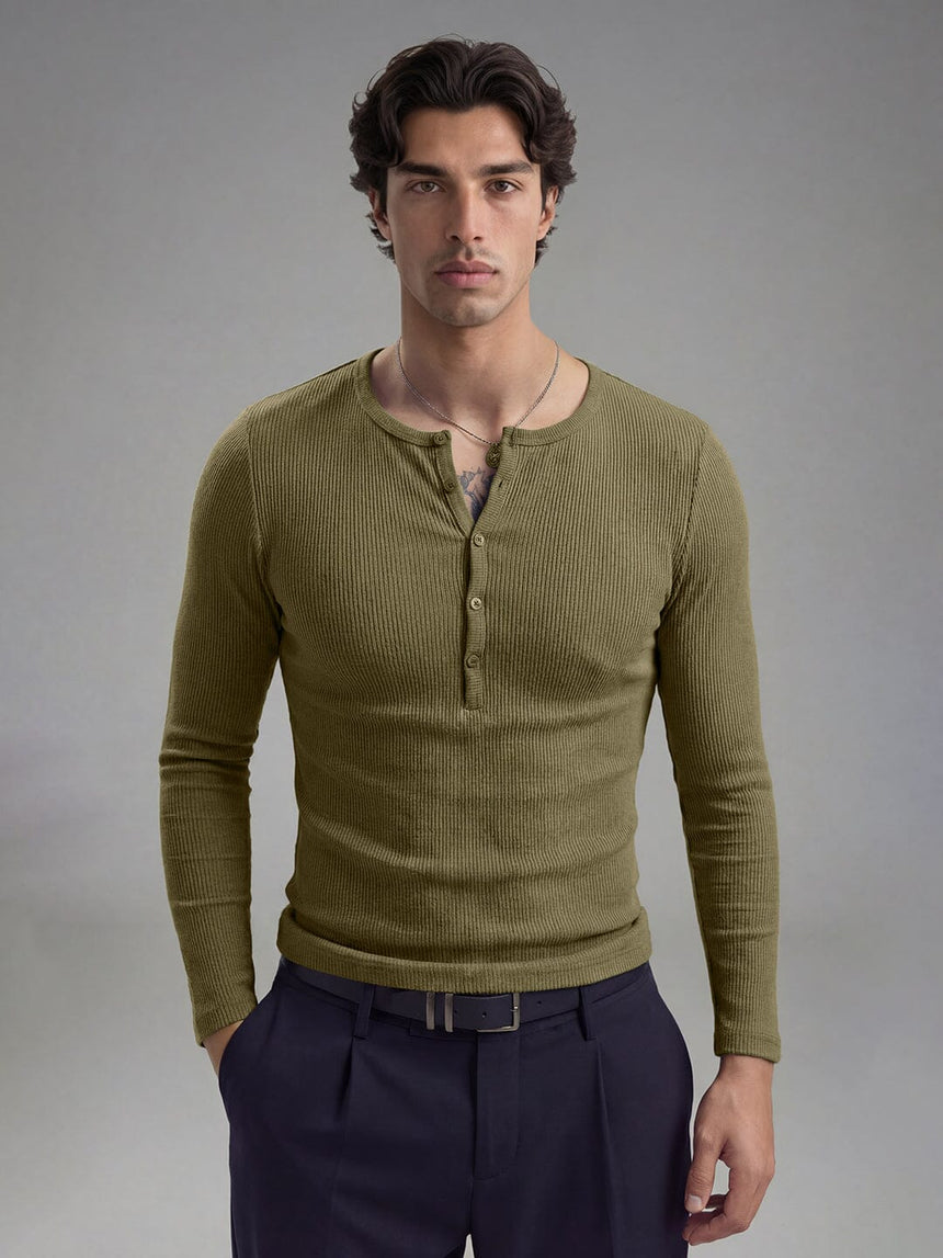 Olive Ribbed Henley Longsleeves Tshirt T-Shirts Fugazee