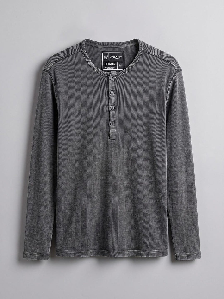 Black Acid Washed Ribbed Longsleeve Henley Tshirt T-Shirts Fugazee