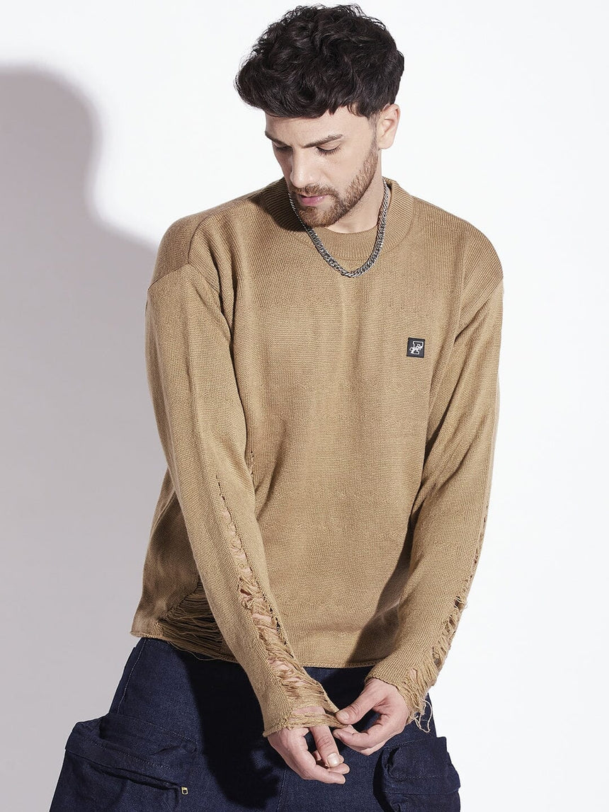 Beige Damaged Raw Edge Sweater Sweaters Fugazee
