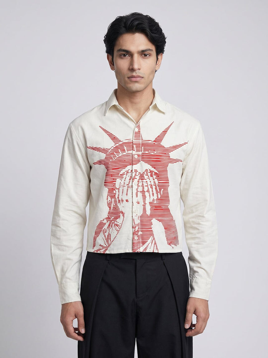 White Corduroy Graphic Cropped Shirt Shirts Fugazee