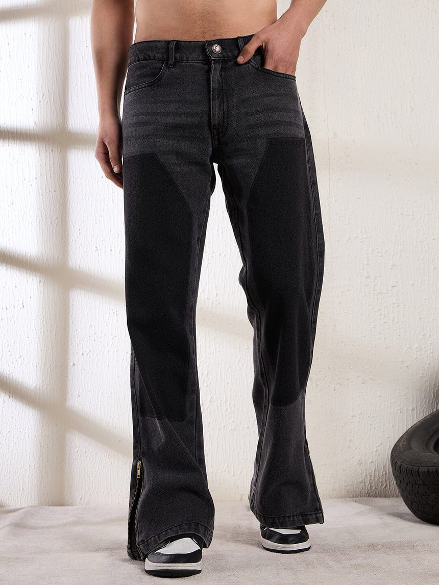 Black Contrast Patched Flared Zipped Denim Jeans Fugazee