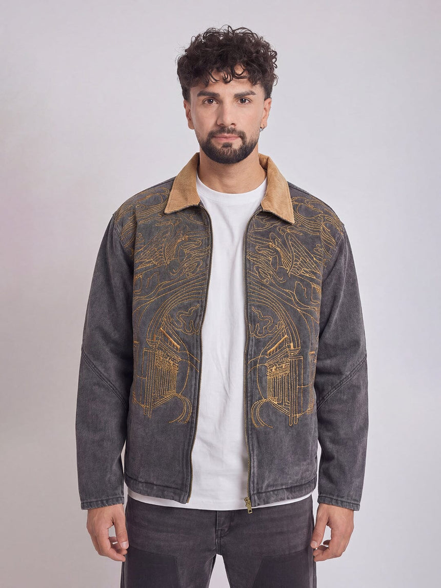 Grey Denim Embroidered Harrington Jacket Jackets Fugazee
