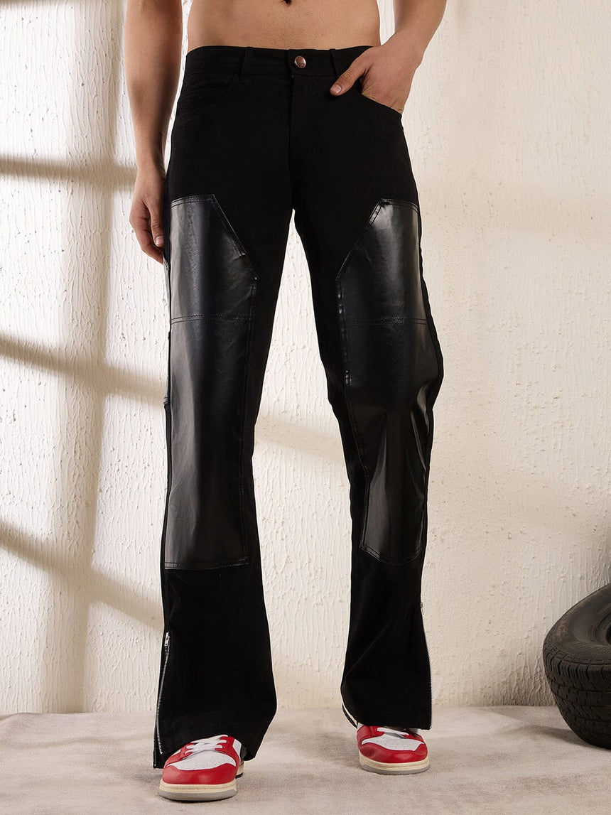 Black Leather Patched Flared Trousers Trousers Fugazee