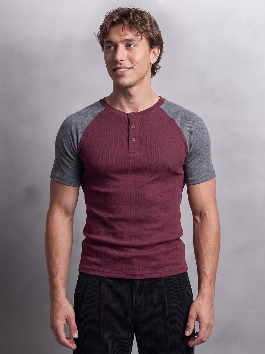 Grey And Maroon Ribbed Raglan Short Sleeve Henley Tshirt T-Shirts Fugazee