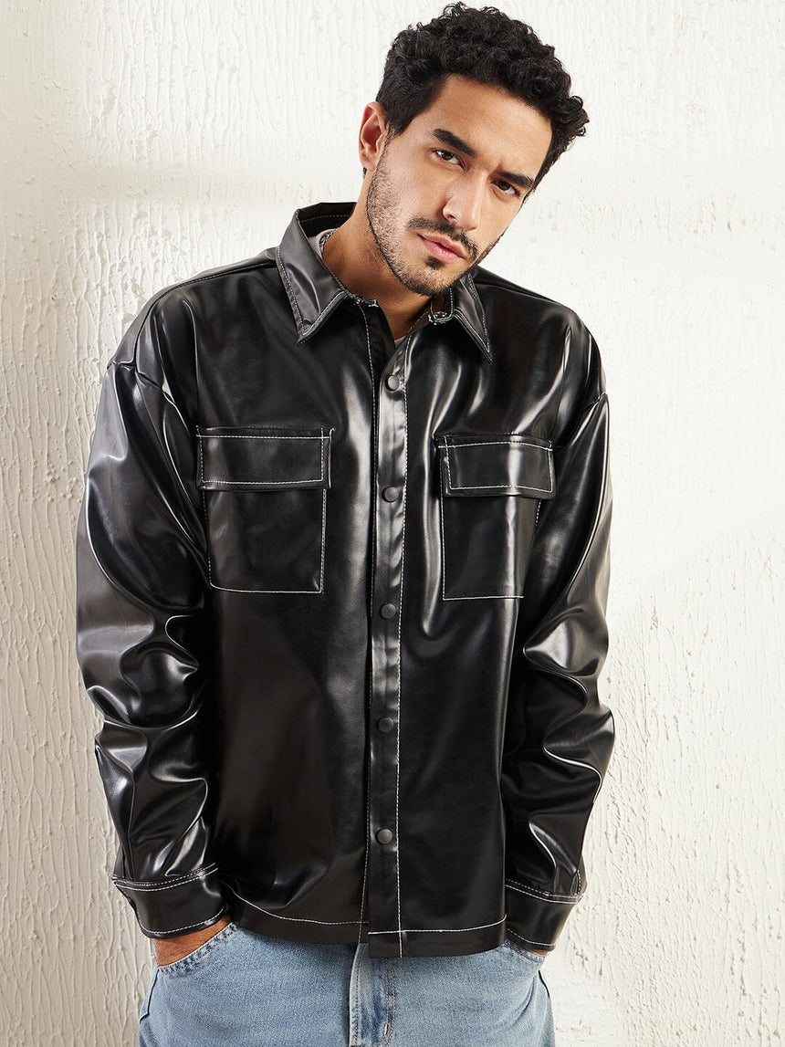 Black Contrast Stitch Pu OverShirt Shirts Fugazee