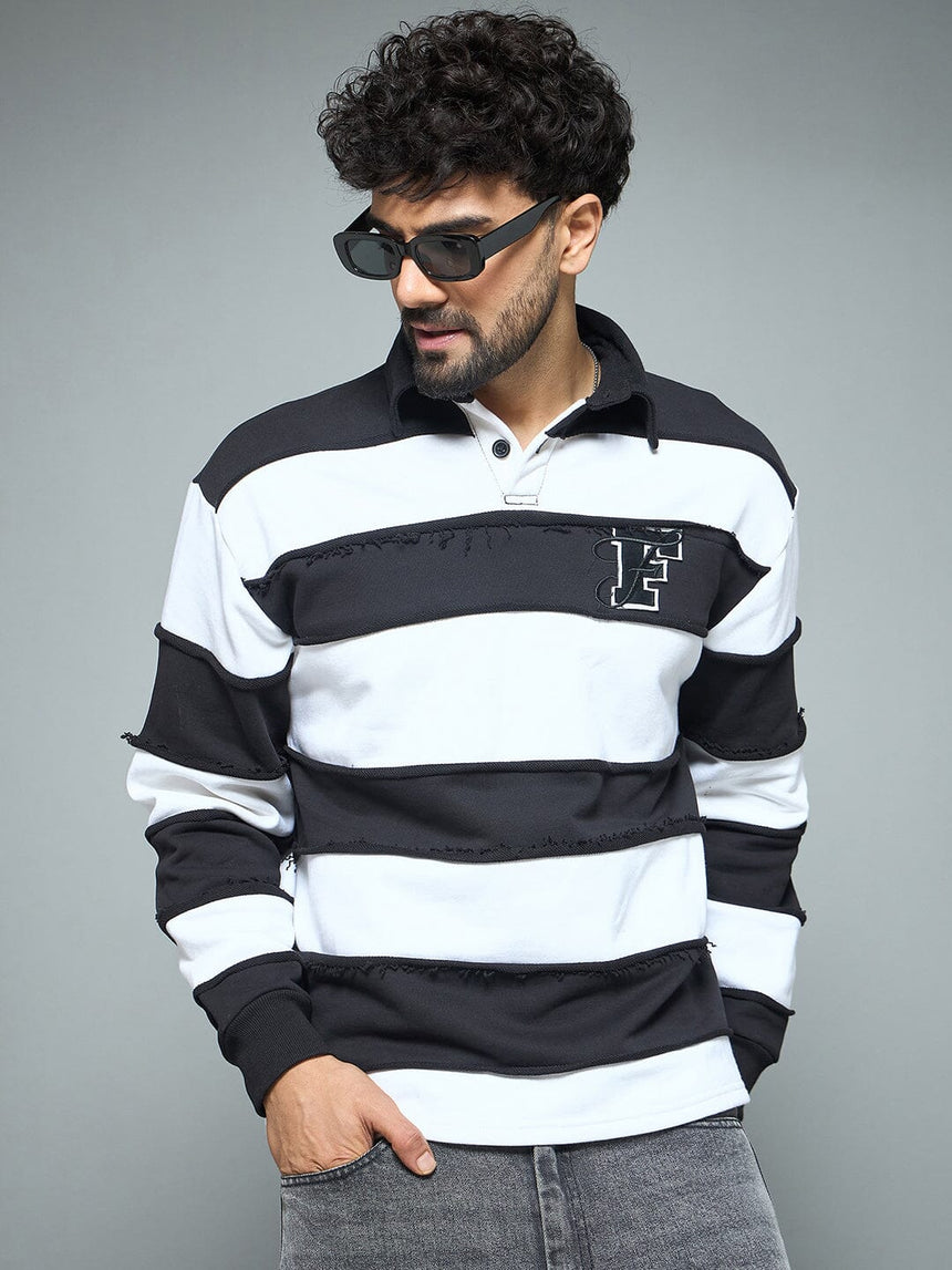 Black & White Striped Raw Edge Rugby Sweatshirt Sweatshirts Fugazee