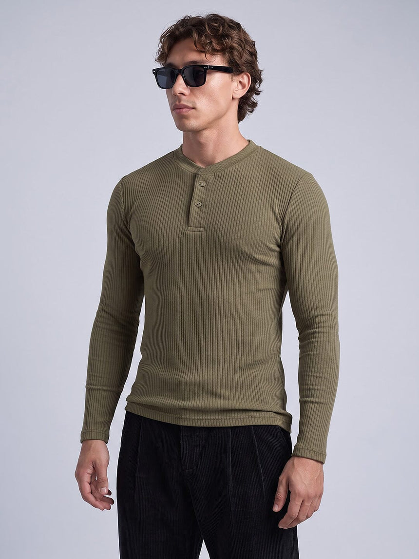 Olive Parker Ribbed Henley Tshirt T-Shirts Fugazee
