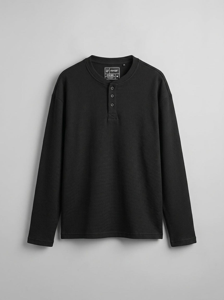 Black Waffle Relaxed Henley Tshirt T-Shirts Fugazee