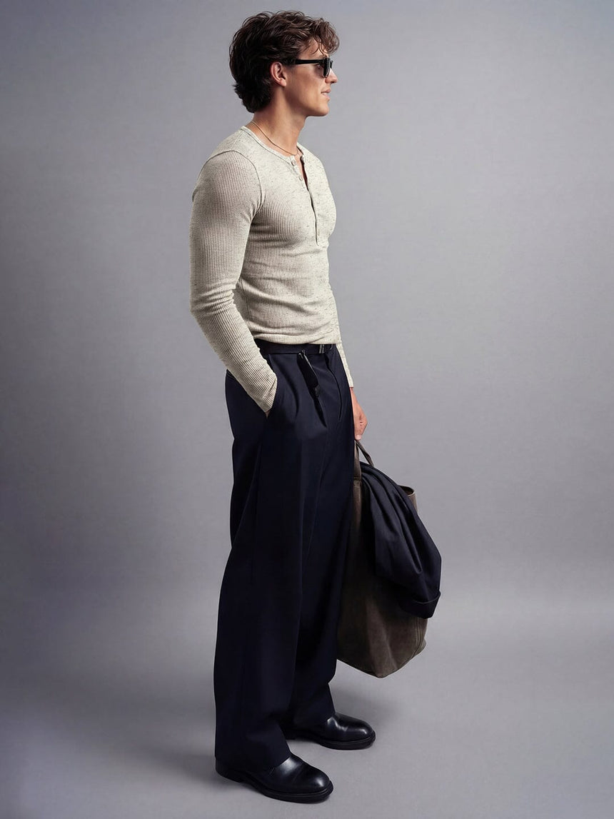 Ecru Melange Ribbed Henley Long sleeves Tshirt T-Shirts Fugazee