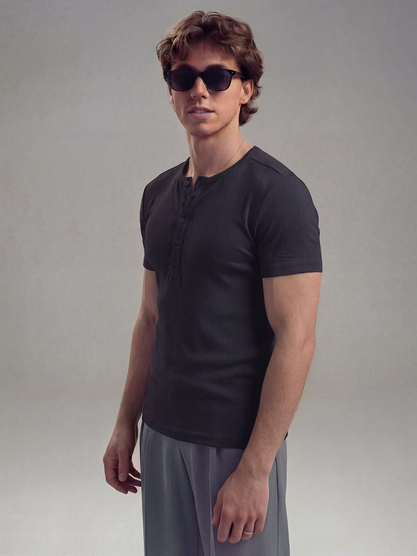 Black Ribbed Henley Short Sleeves Tshirt T-Shirts Fugazee
