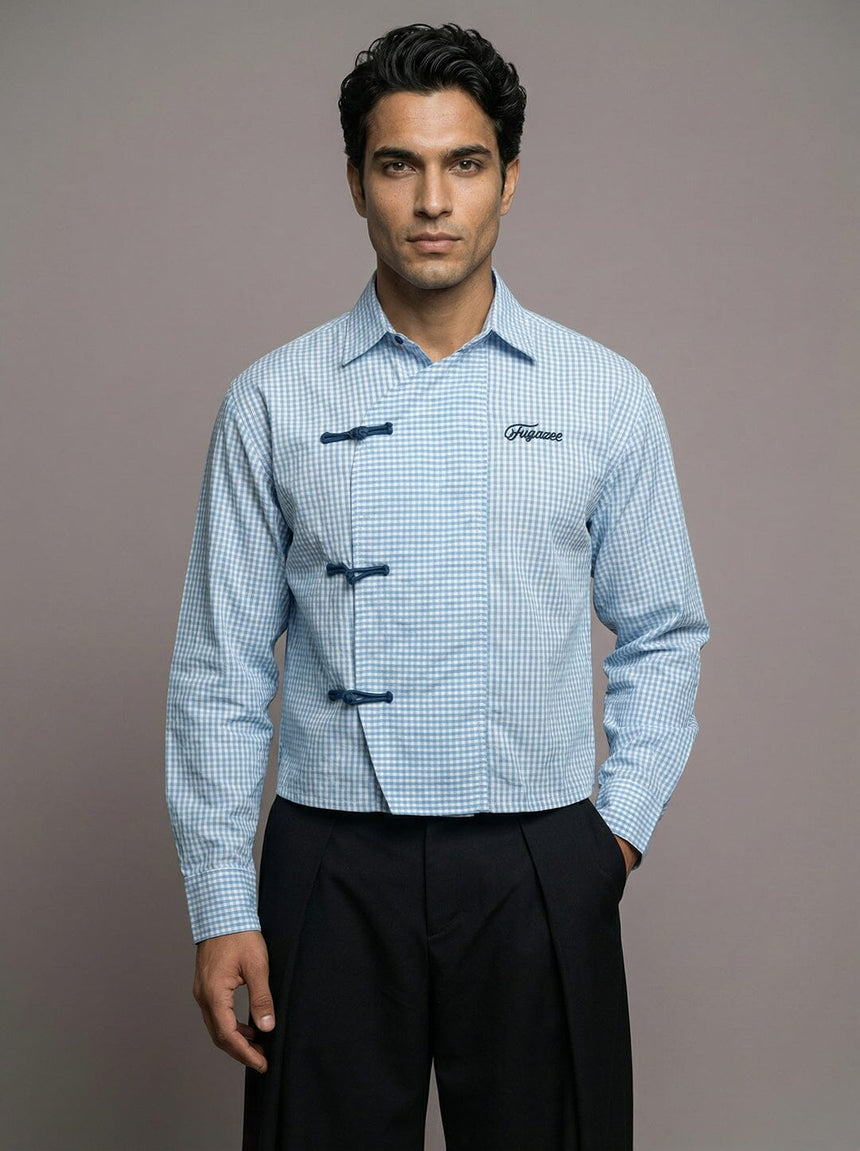 Sky Checkered Chinese Knot Buttoned Cropped Shirt Shirts Fugazee