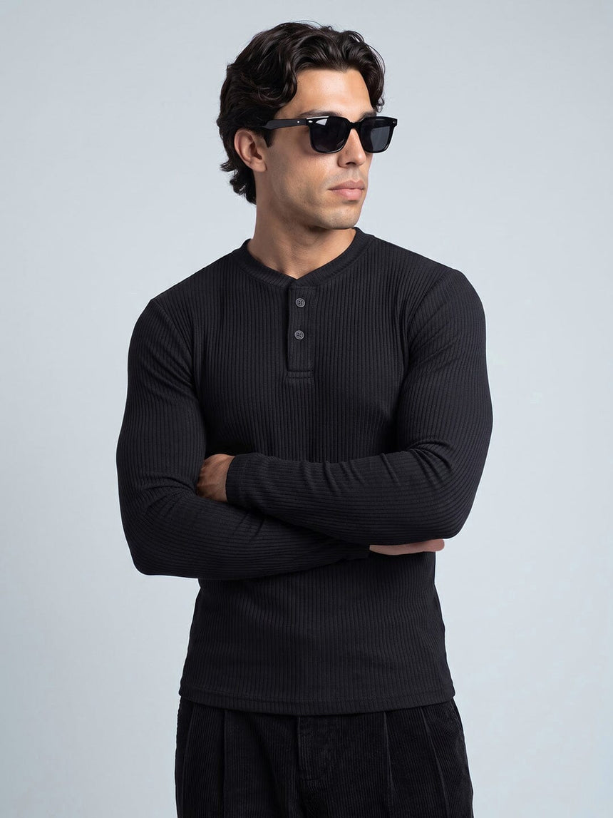 Black Parker Ribbed Henley Tshirt T-Shirts Fugazee