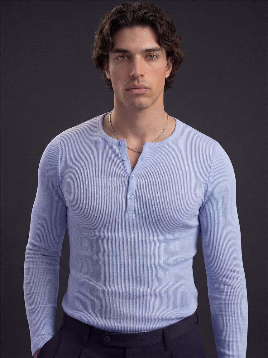 Sky Blue Ribbed Henley Longsleeves Tshirt T-Shirts Fugazee