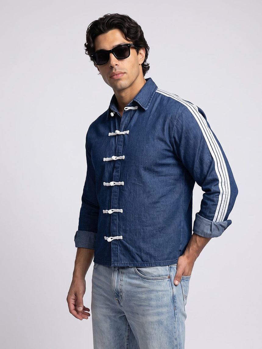 Dark Wash Taped Frog Buttoned Cropped Shirt Shirts Fugazee