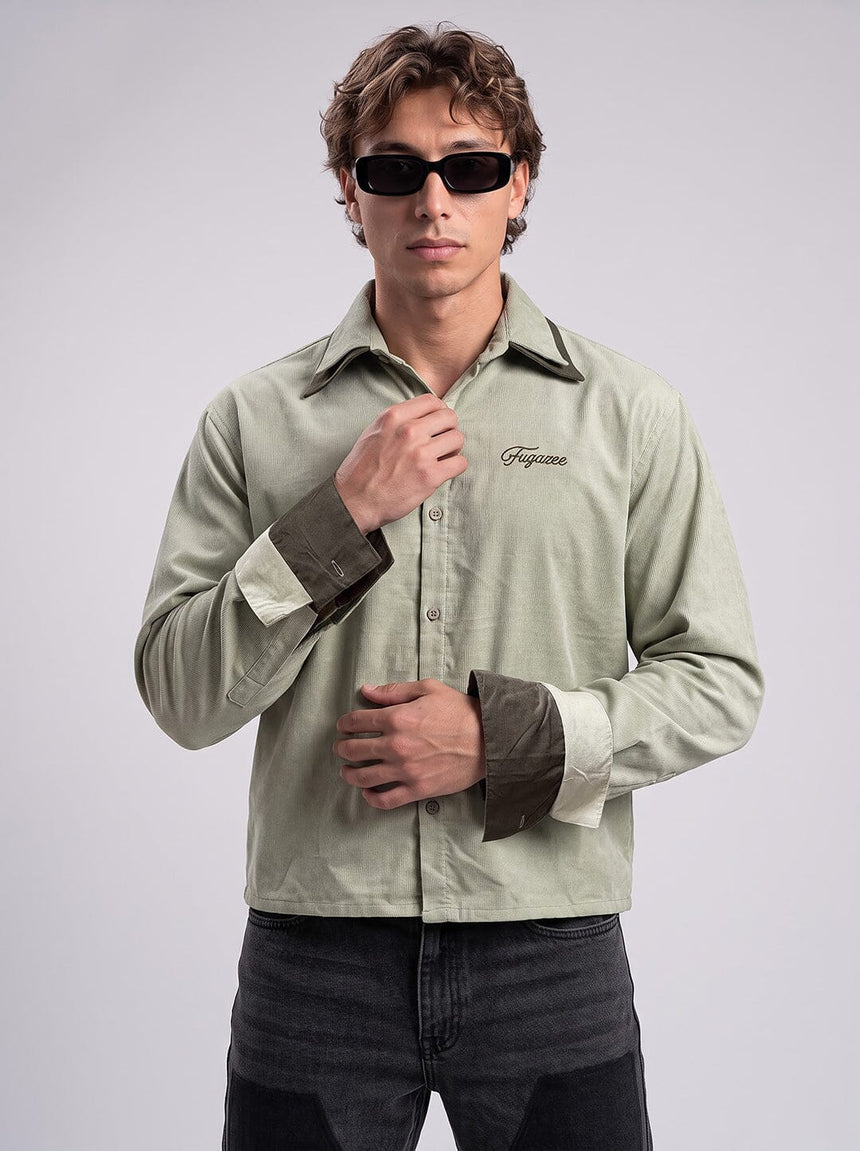 Sage Green Double Collared Cropped Corduroy Shirt Shirts Fugazee
