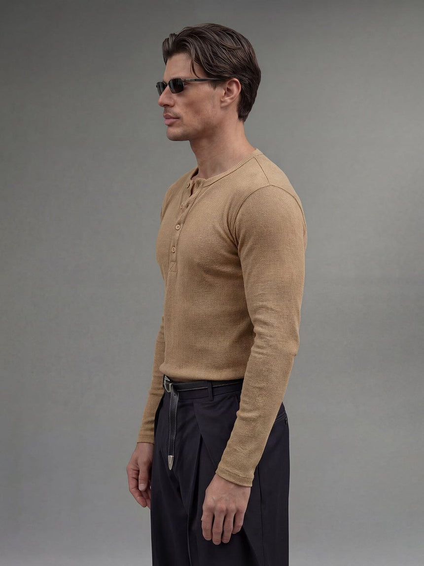 Beige Ribbed Henley Longsleeves Tshirt T-Shirts Fugazee