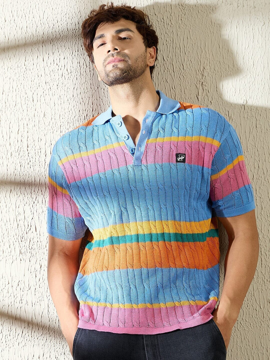 Sky Striped Cable Knit Polo Tshirt T-shirts Fugazee