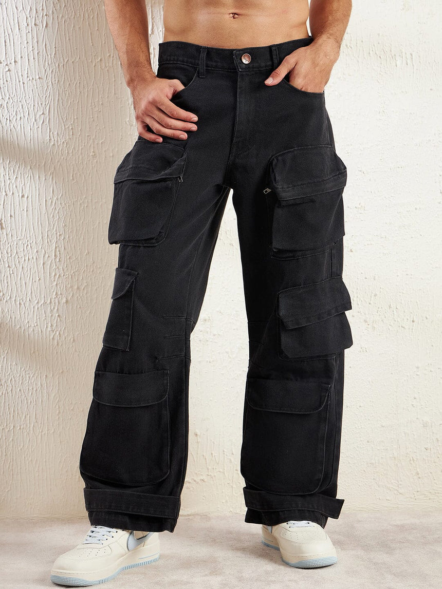 Black Super Baggy Cargo Denim Jeans Fugazee