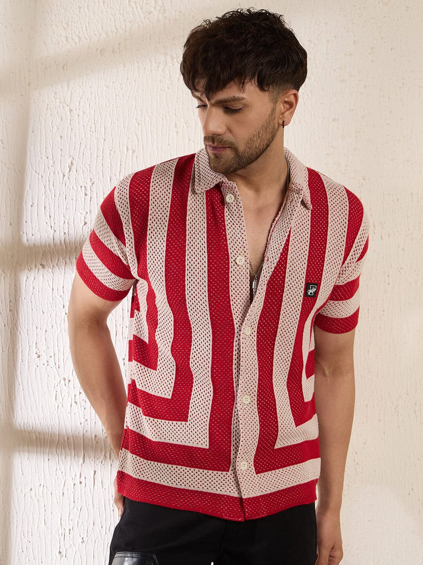 Red Striped Crochet Knitted Shirt Shirts Fugazee