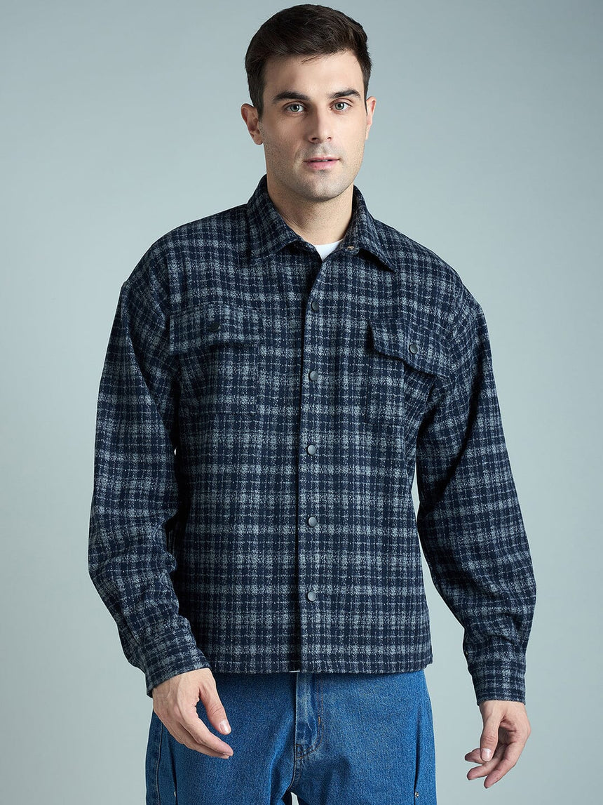 Charcoal & Navy Checkered Tweed OverShirt Shackets Fugazee