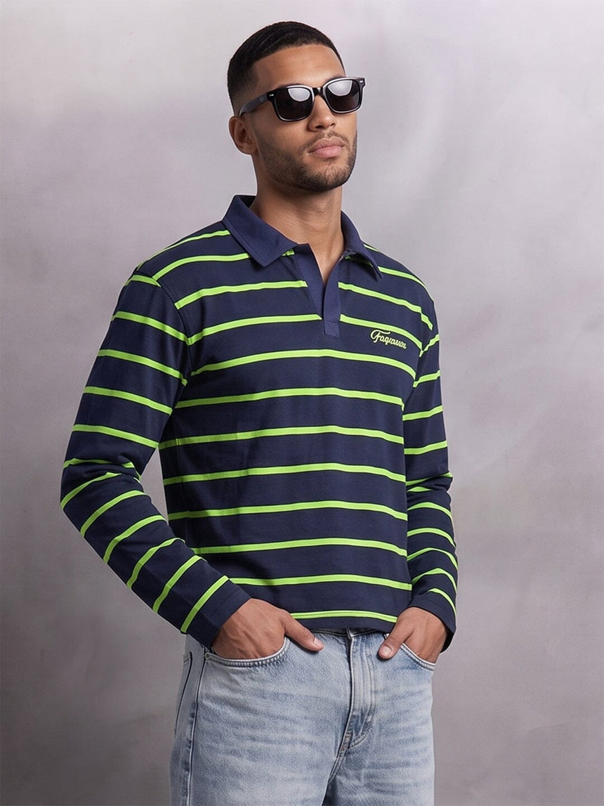 Navy Striped Cropped Longsleeve Polo Tshirt T-Shirts Fugazee