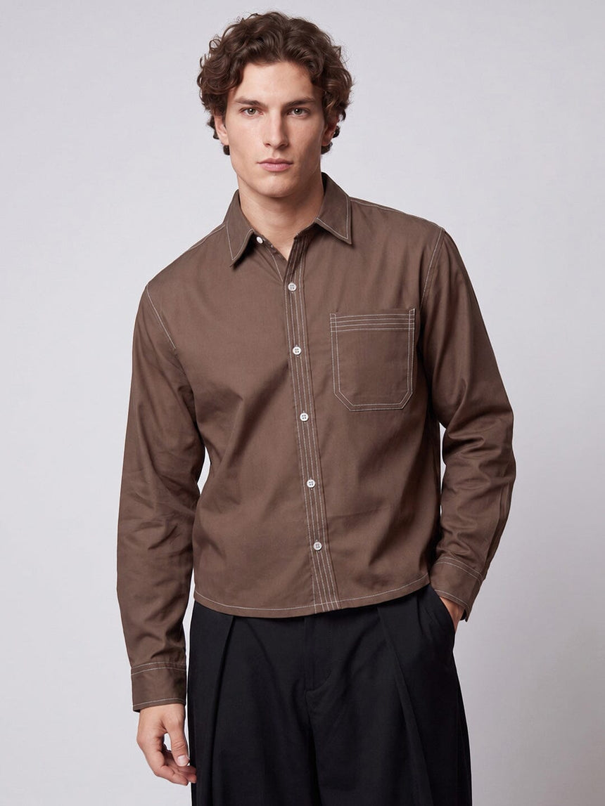 Brown Contrast Stitch Cropped Shirt Shirts Fugazee