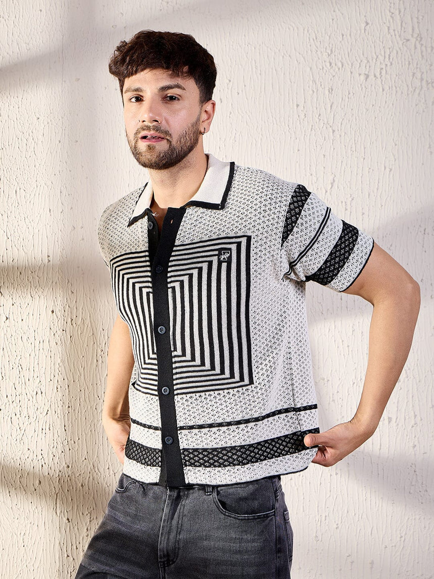White And Black Geometric Crochet Shirt Shirts Fugazee 
