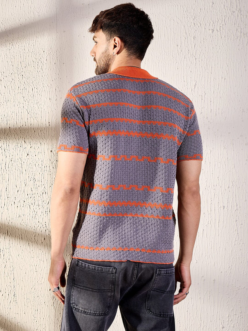 Grey And Orange Striped Crochet Shirt Shirts Fugazee 
