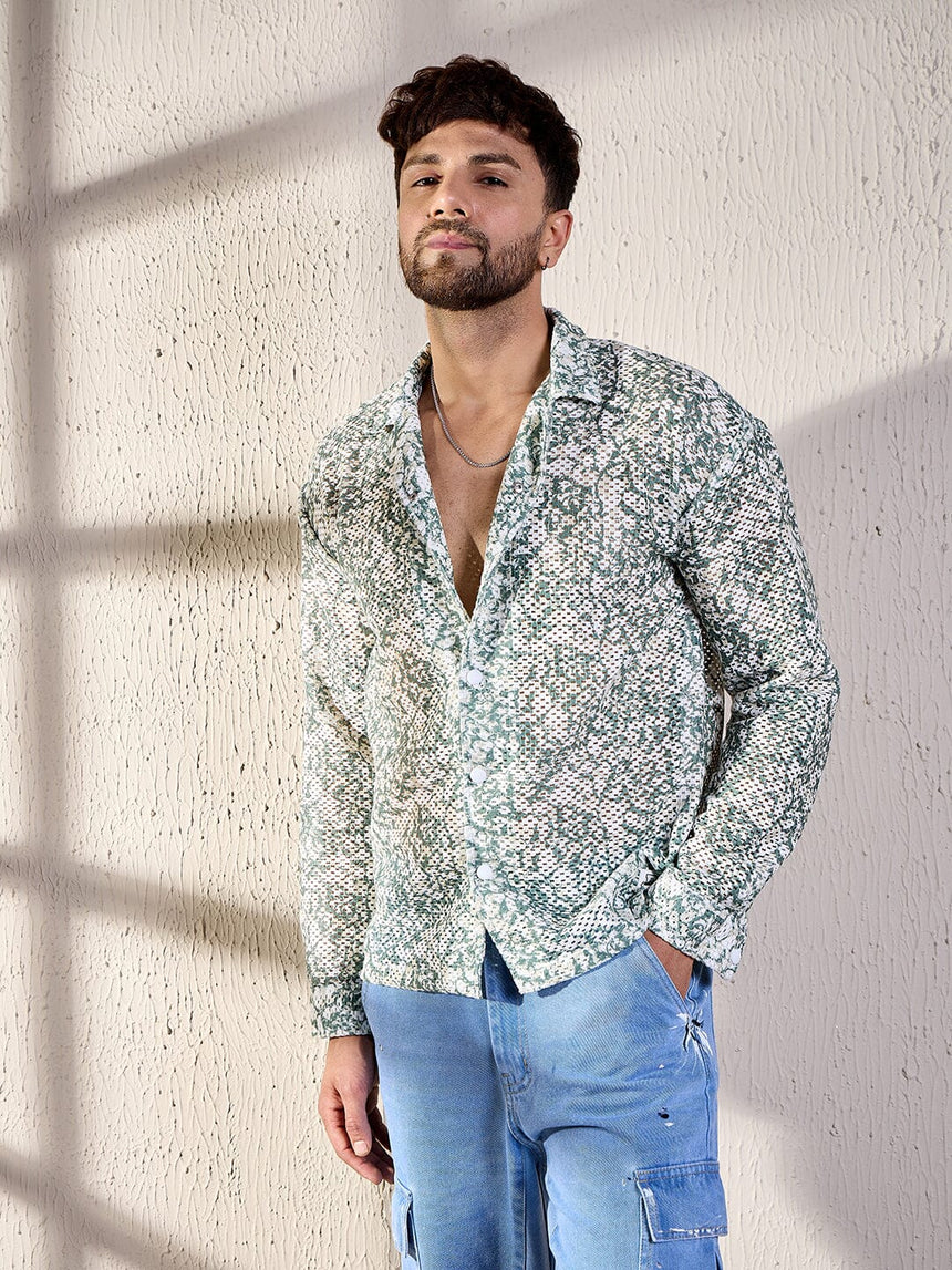 White & Olive Floral Lace Shirt Shirts Fugazee