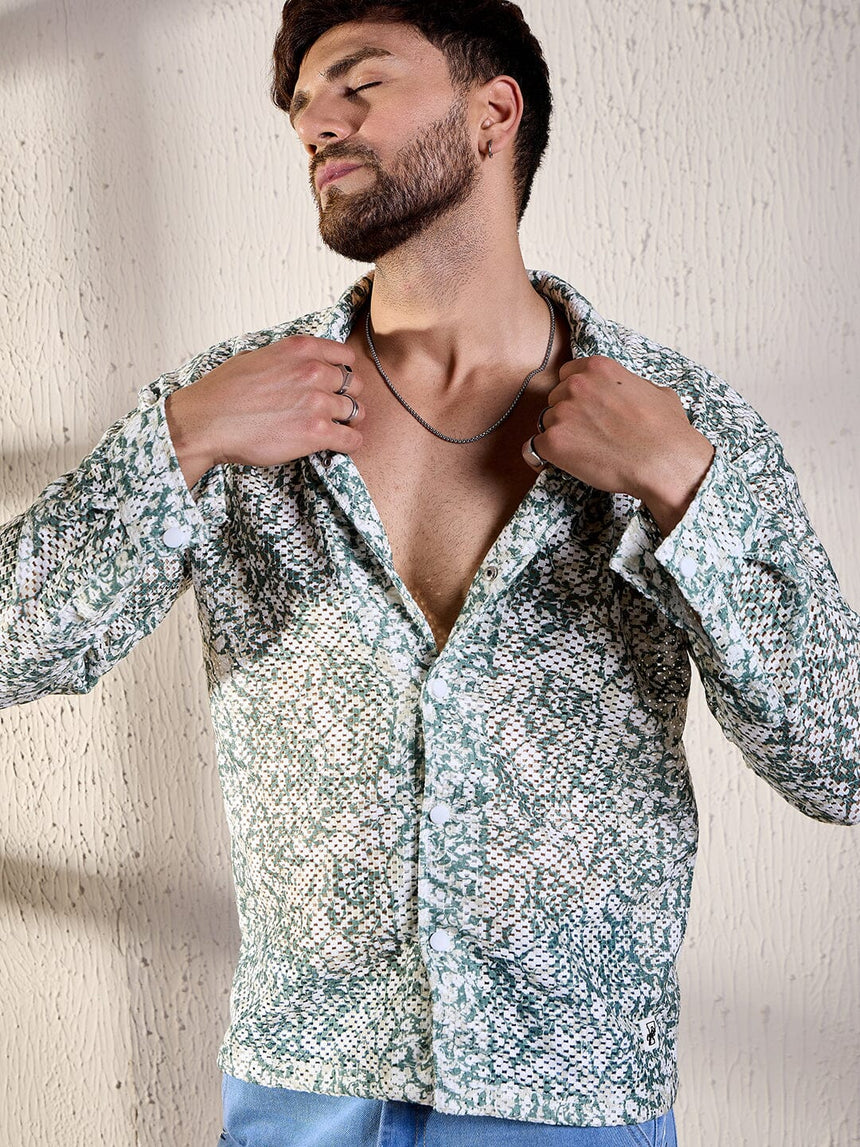 White And Olive Floral Lace Shirt Shirts Fugazee