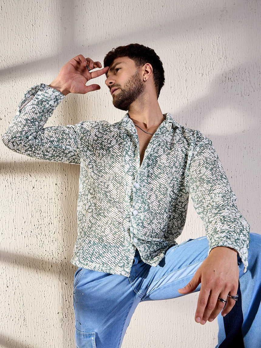 White & Olive Floral Lace Shirt Shirts Fugazee