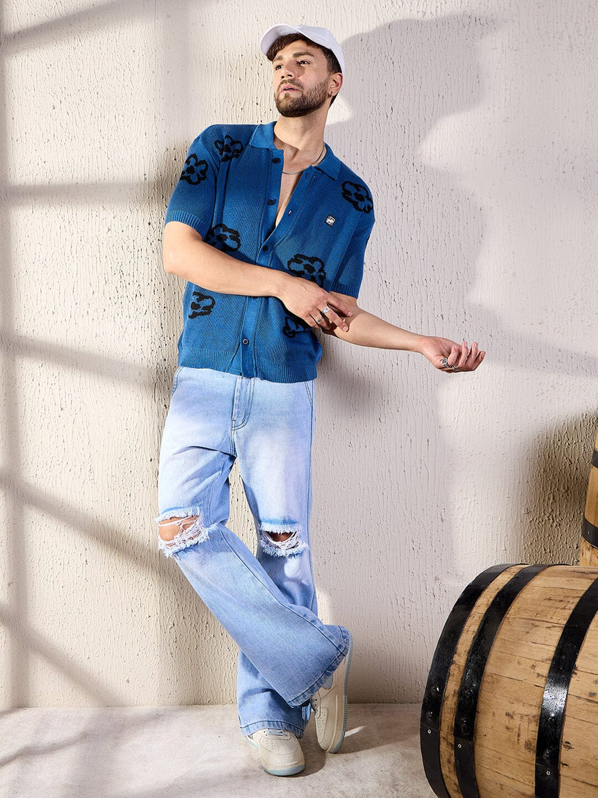 Navy Floral Knitted Shirt Shirts Fugazee