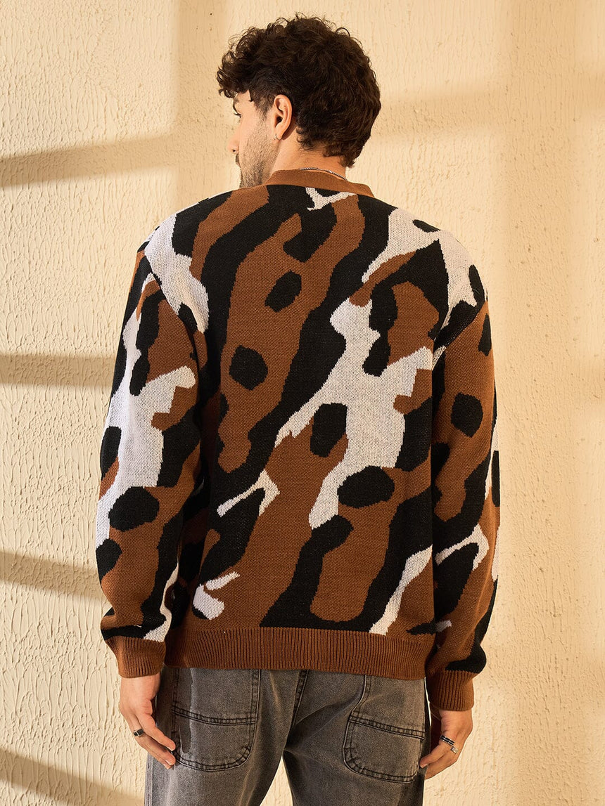 Brown Abstract Knitted Cardigan Sweaters Fugazee