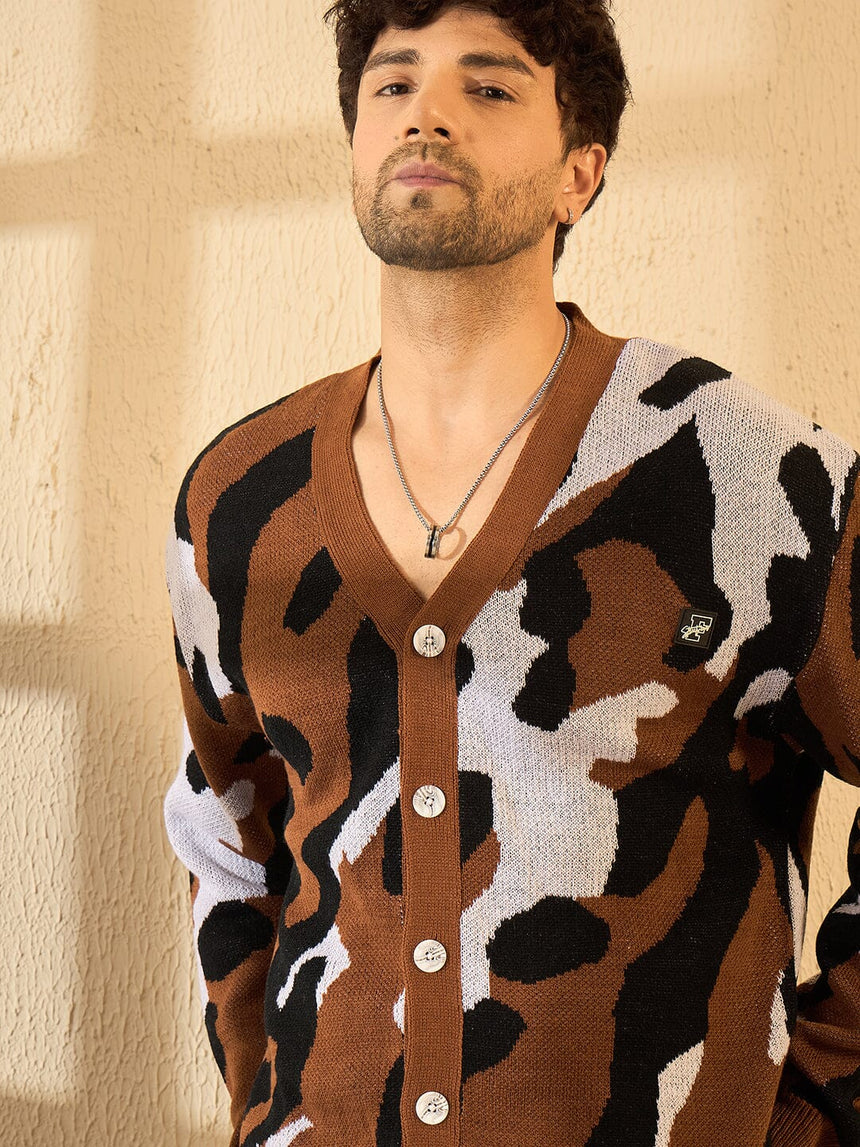 Brown Abstract Knitted Cardigan Sweaters Fugazee