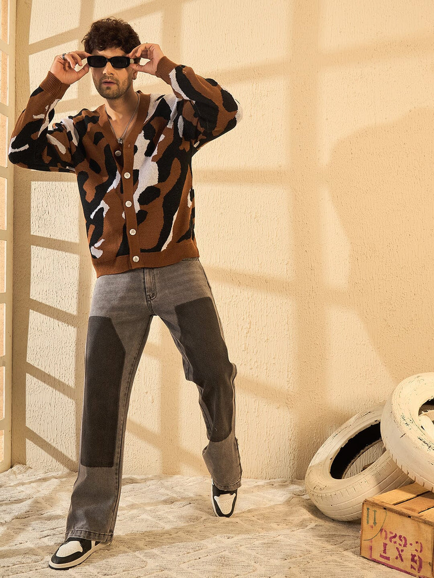 Brown Abstract Knitted Cardigan Sweaters Fugazee