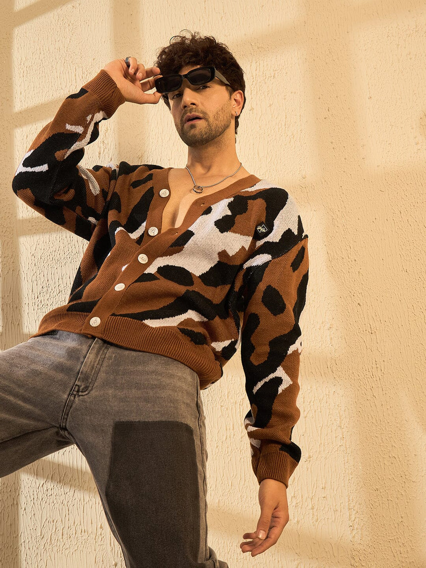 Brown Abstract Knitted Cardigan Sweaters Fugazee