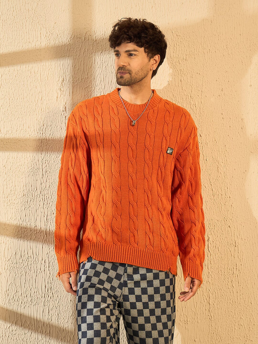 Tangerine Cabel Knit Distressed Sweater Sweaters Fugazee