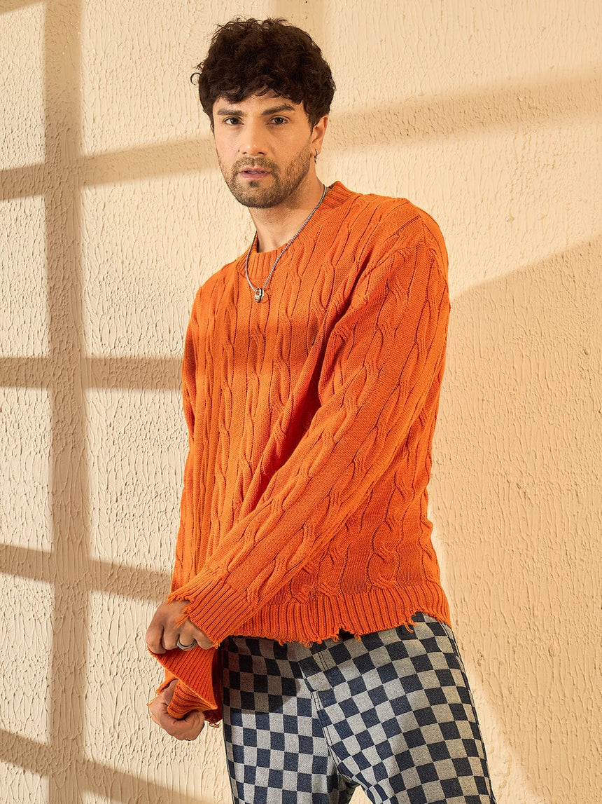 Tangerine Cabel Knit Distressed Sweater Sweaters Fugazee