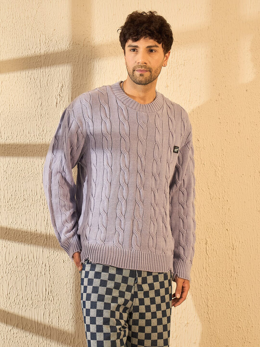 Lavender Cabel Knit Distressed Sweater Sweaters Fugazee
