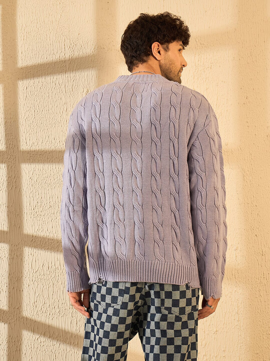 Lavender Cabel Knit Distressed Sweater Sweaters Fugazee