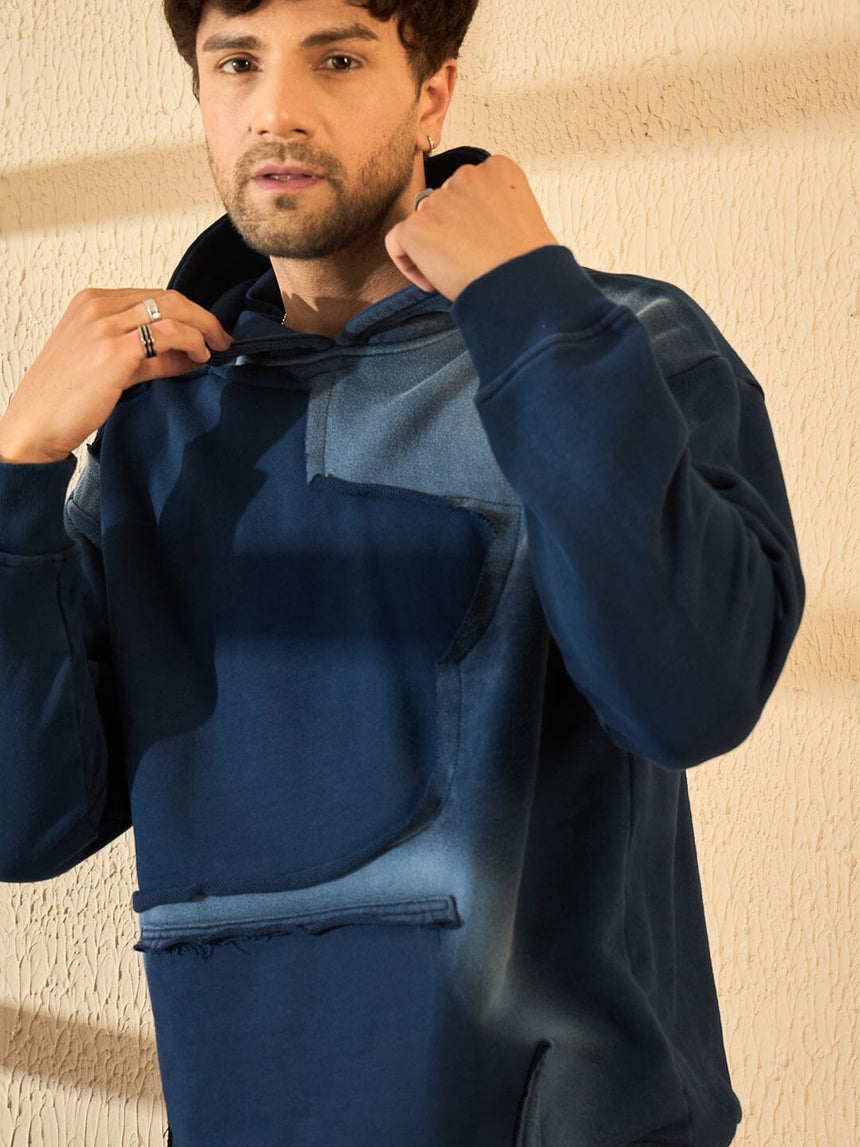 Navy Faded Cut Sew Oversized Hoodie Sweatshirts Fugazee